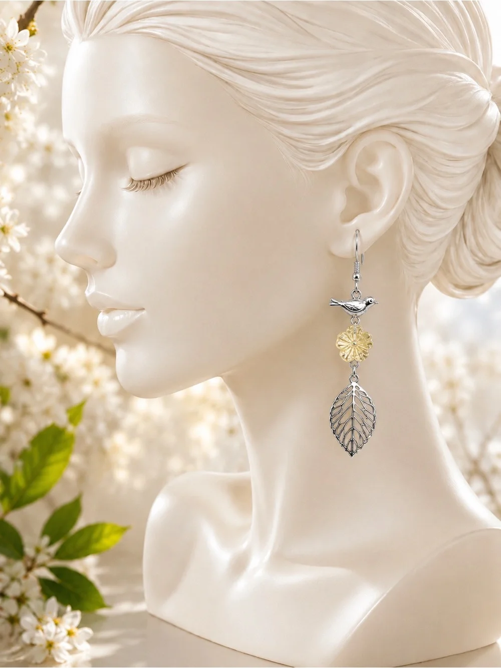 Bird & Leaf Dangle Earrings, Flower Glass, Silver Tone, Artisan Handmade